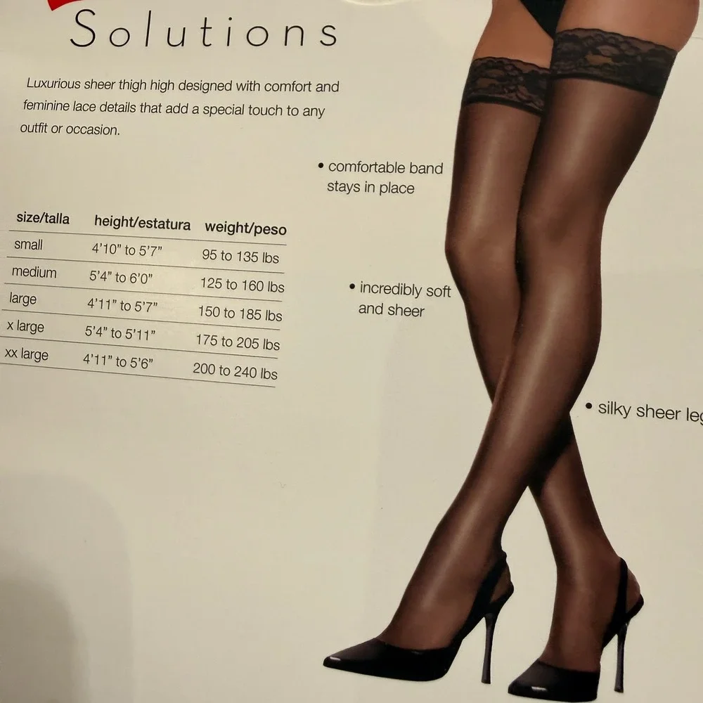 Hanes Solutions Thigh High Stockings Women L Barely Black New Silky Sheer 01629